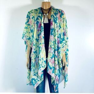 NWT West loop yellow blue pink floral print sheer duster kimono swim cover up
